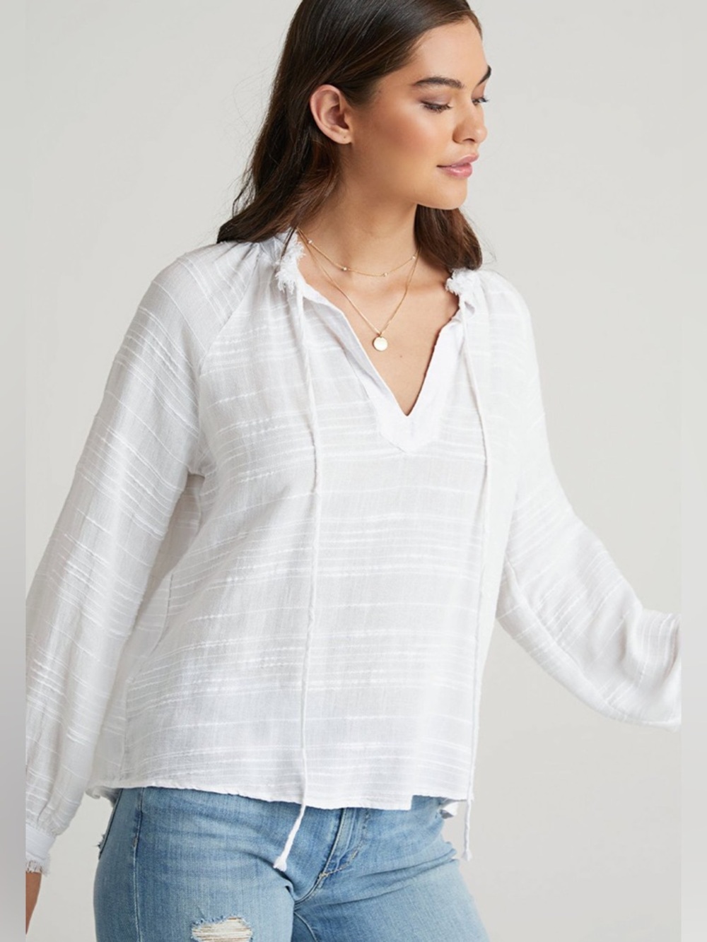 Cloth & Stone V-Neck White Long Sleeve Top